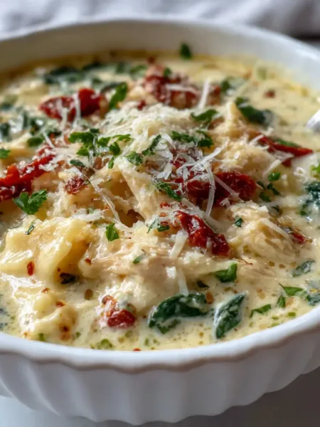 White Lasagna Soup with creamy cheese and spinach