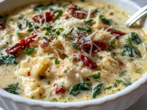 White Lasagna Soup with creamy cheese and spinach