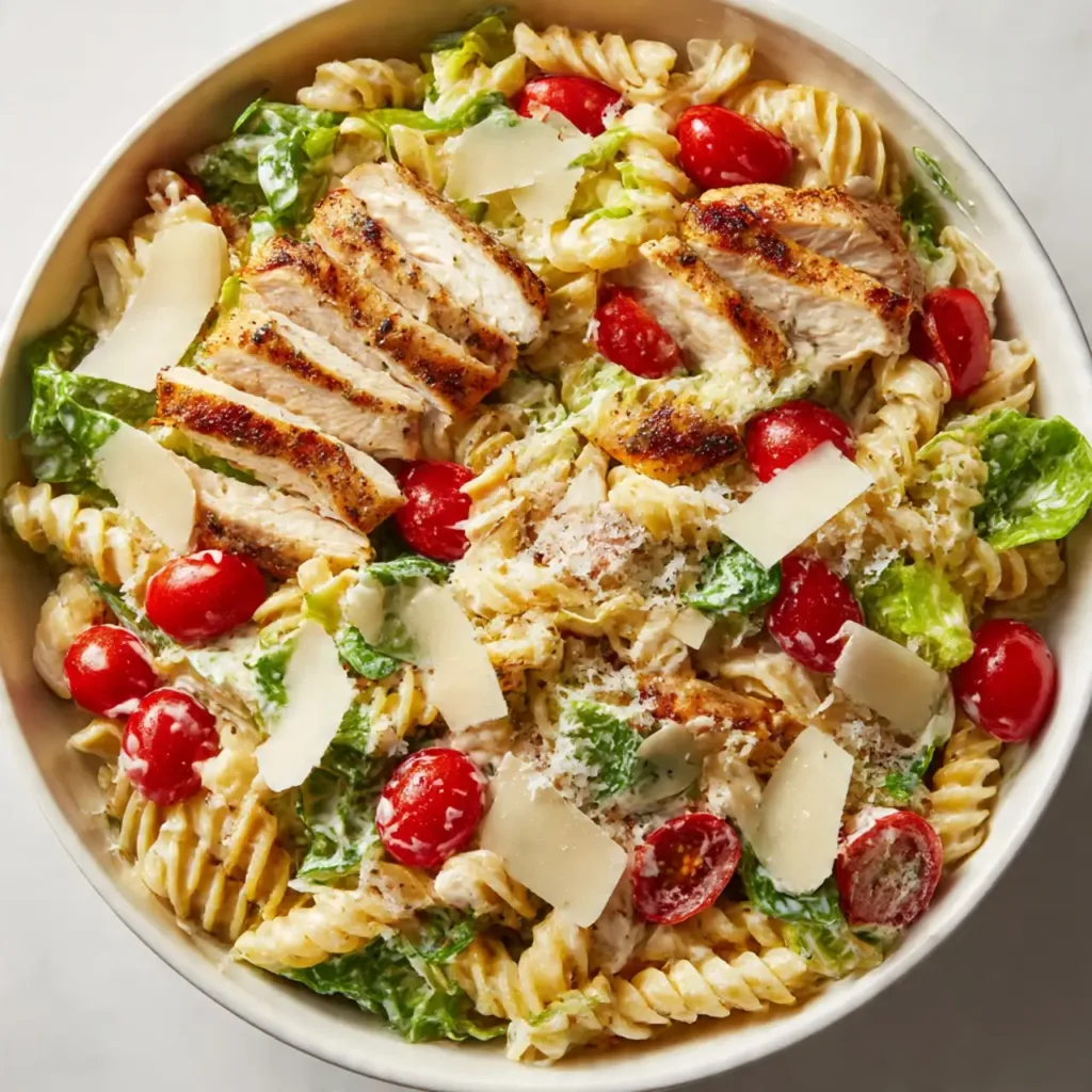 chicken caesar pasta salad in white bowl with dressing