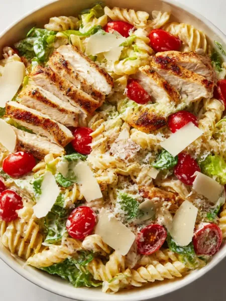 chicken caesar pasta salad in white bowl with dressing