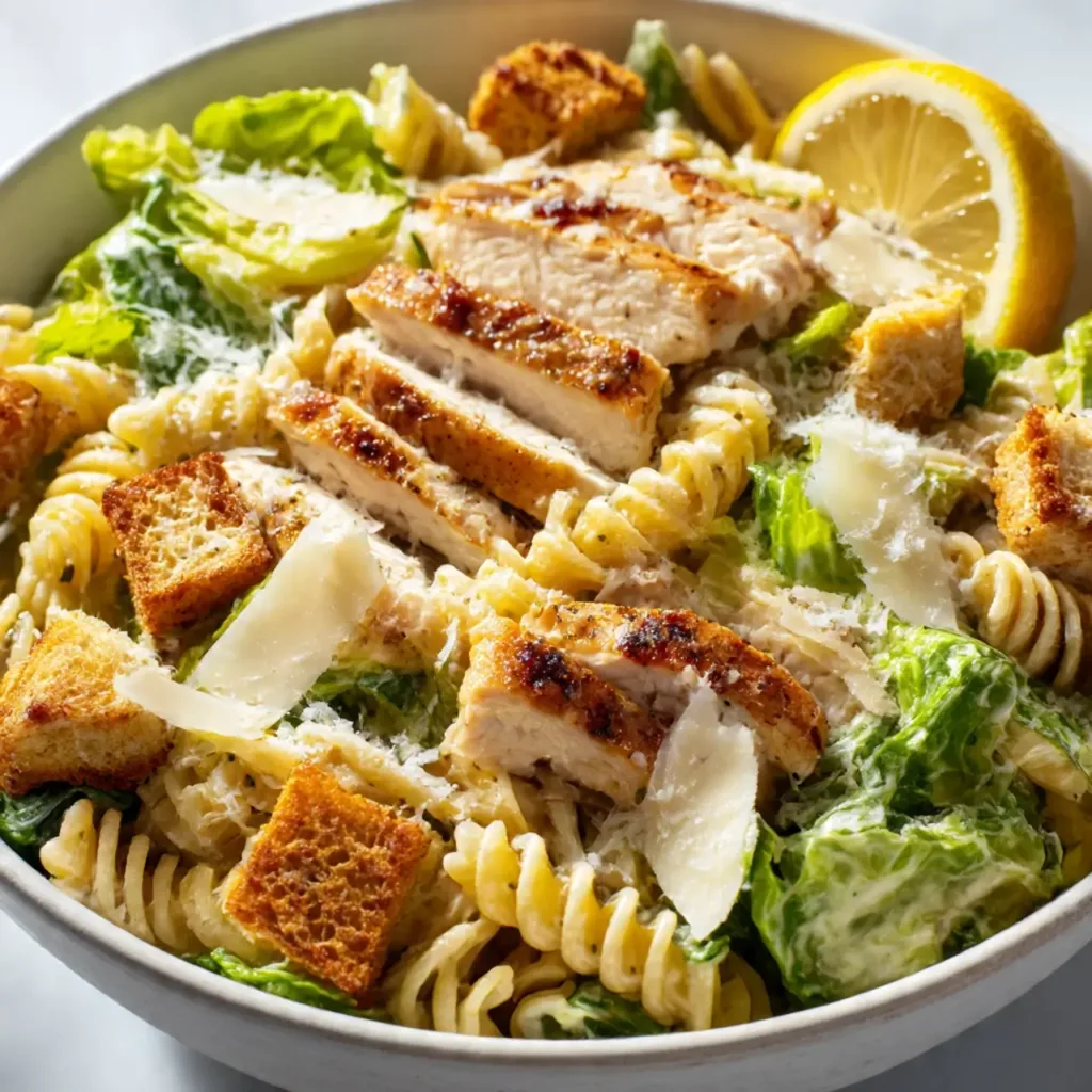 serving chicken caesar pasta salad in individual bowls