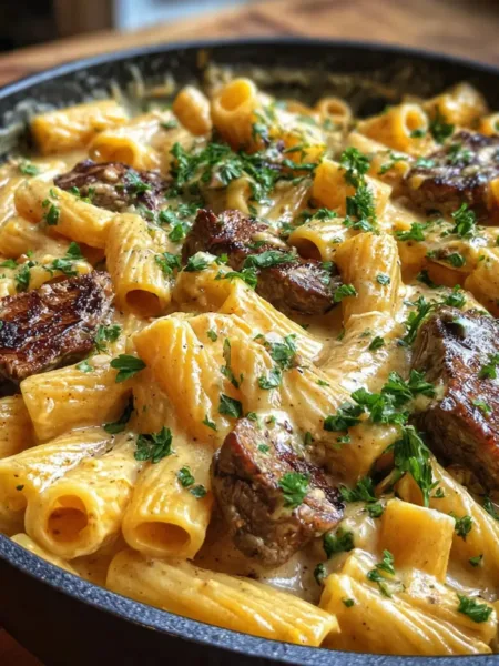 Cajun Steak Alfredo Rigatoni Skillet