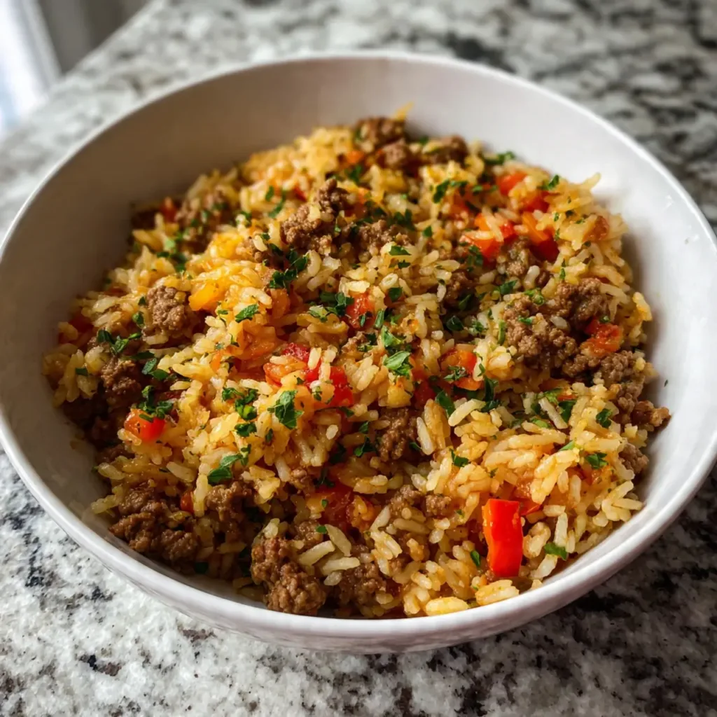 Ground Beef and Veggie Rice One-Pan Serving