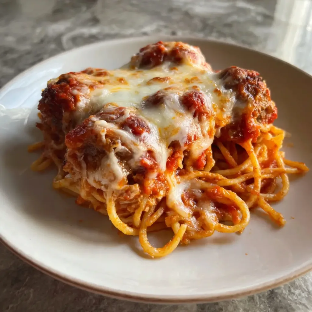 Served slice of spaghetti and meatballs casserole